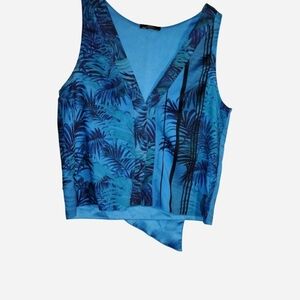 Zara W&B Collection Tropical Palm Print Asymmetrical Satin Top - Size Small